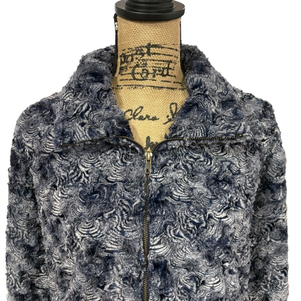 Johnny Was Rosaline Faux Fur Bomber Jacket Full Zip Silk Lined Blue Size Small - Picture 4 of 11